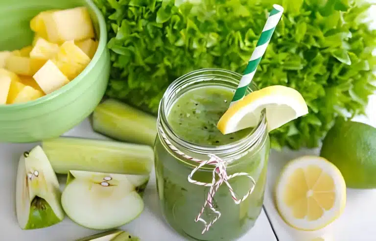 A glass filled with a refreshing cucumber smoothie surrounded by fresh cucumber slices