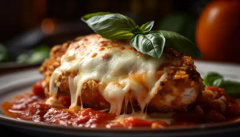 A sumptuous serving of pasta covered in rich five cheese marinara sauce, garnished with fresh herbs.