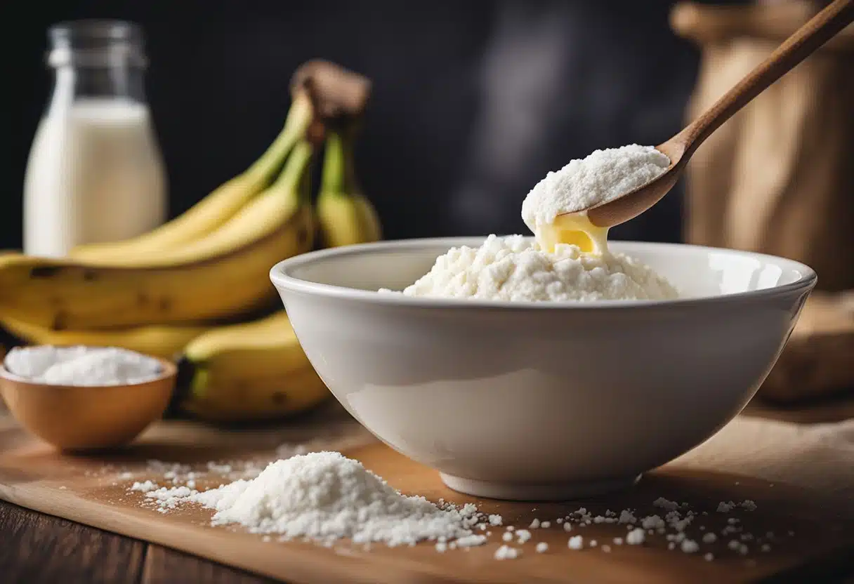 A mixing bowl with mashed bananas, flour, sugar, eggs, and a wooden spoon. A measuring cup of milk and a stick of butter on the counter