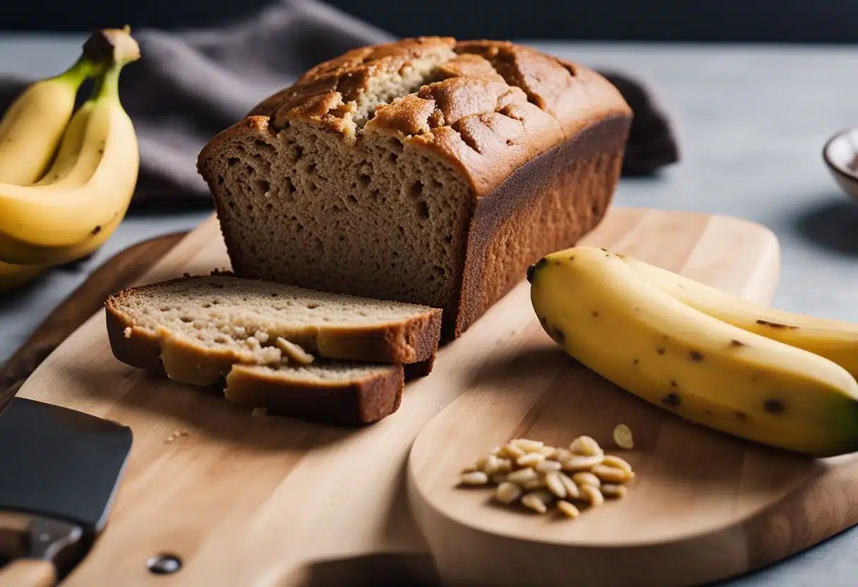 A dry slice of banana bread sits on a plate next to a crumb-filled cutting board and a bowl of overripe bananas