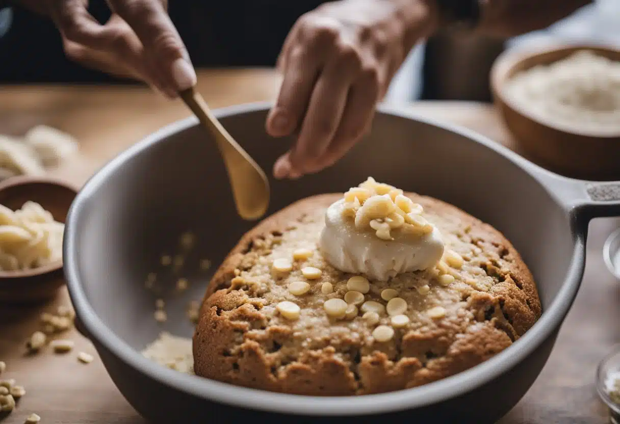 Banana bread ingredients being mixed in a bowl, with a concerned look on the face of the baker