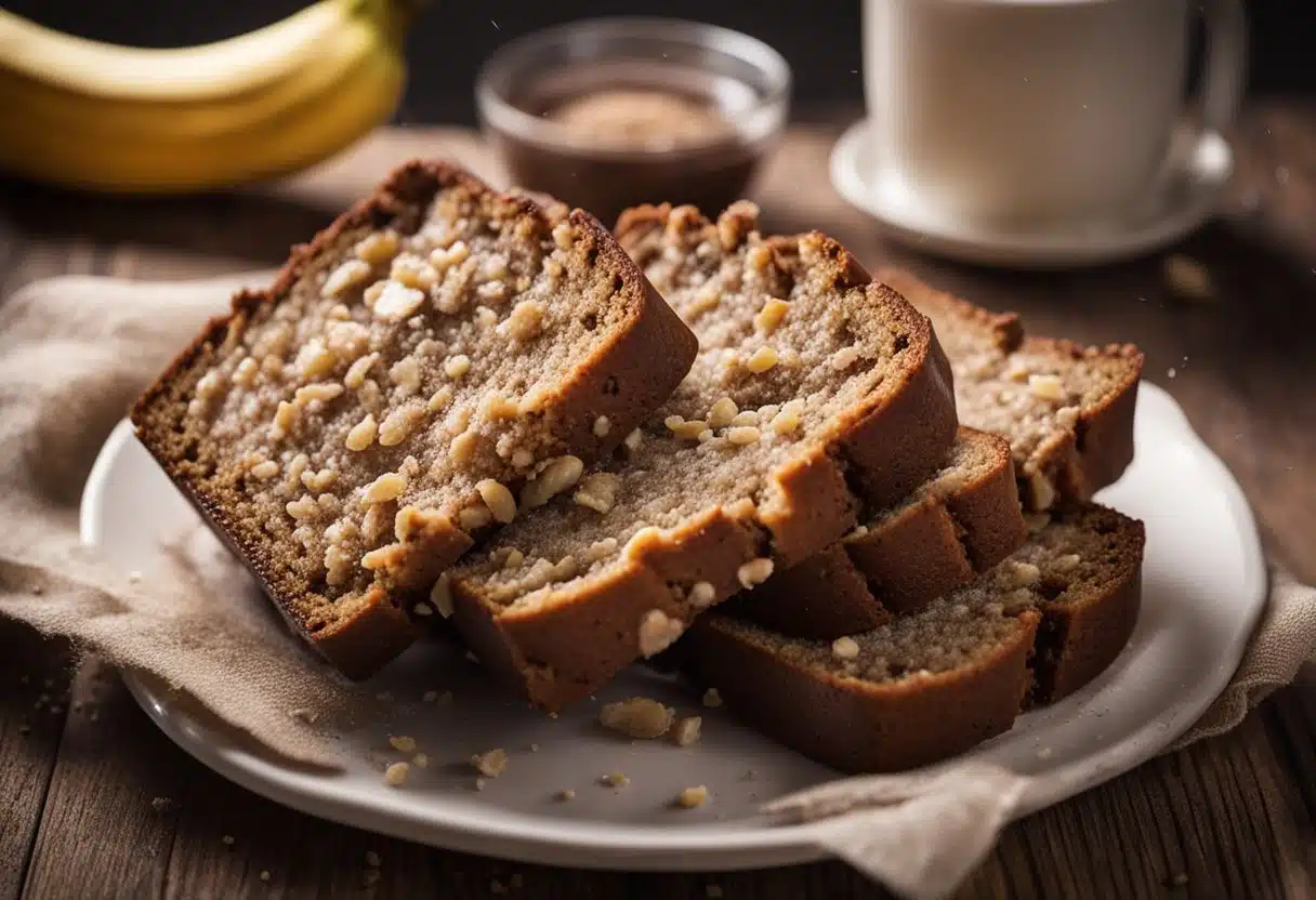 A pile of dry, crumbly banana bread sits on a plate. The ingredients are displayed, including poor quality bananas and flour