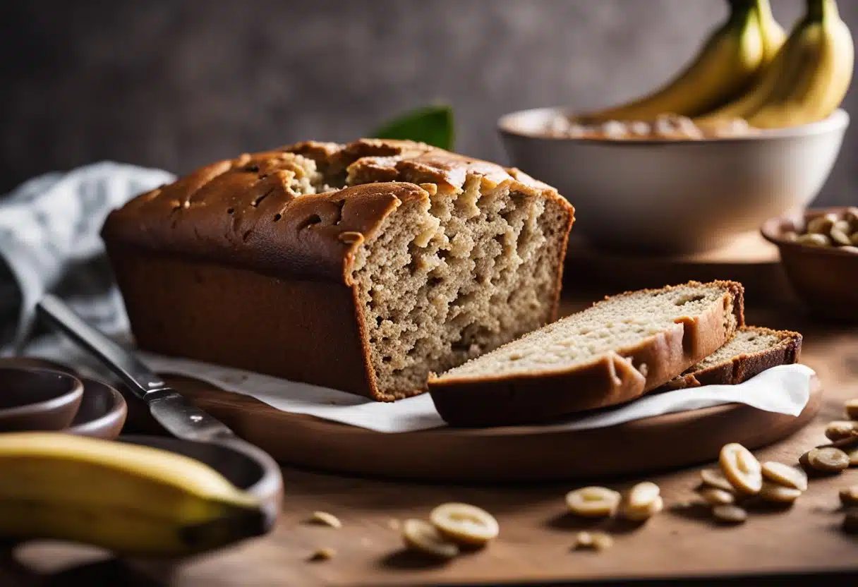 A dry banana bread sits next to a bowl of ripe bananas. A recipe book is open to a page on ingredient substitutions