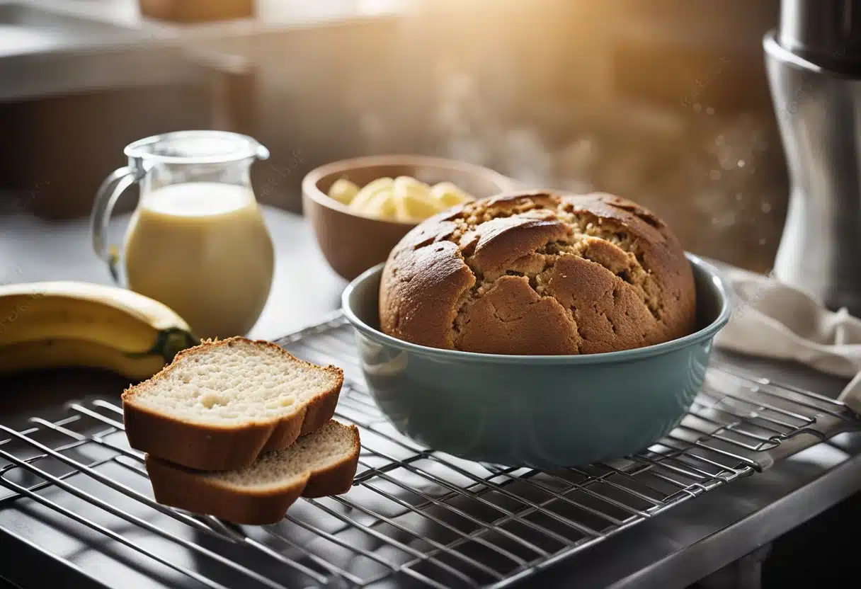 A mixing bowl with dry ingredients, a mashed banana, and a sad-looking loaf of banana bread on a cooling rack