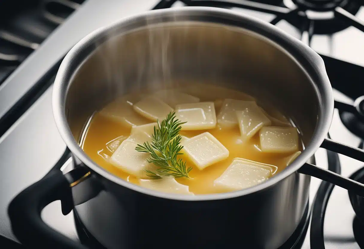 A pot of water boils on a stove. A Lipton soup packet is torn open and poured into the pot. The soup simmers and steams