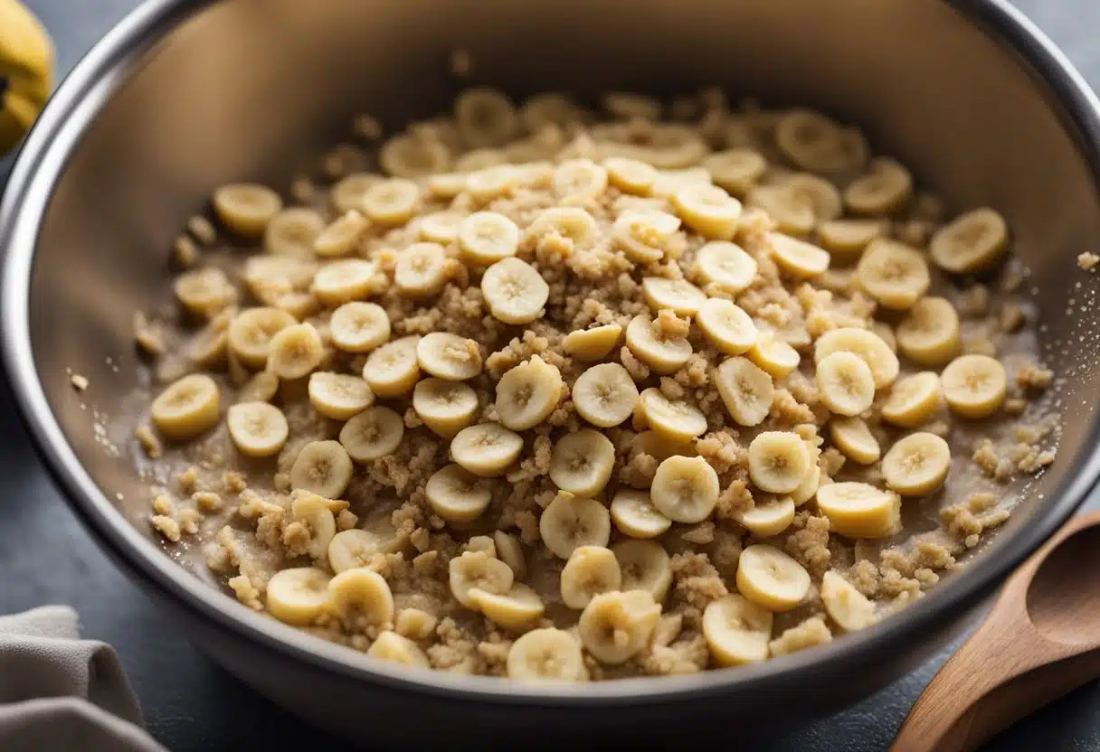 A mixing bowl with dry and wet ingredients for banana bread. A recipe book open to the banana bread page, with a highlighted section on ingredient ratios