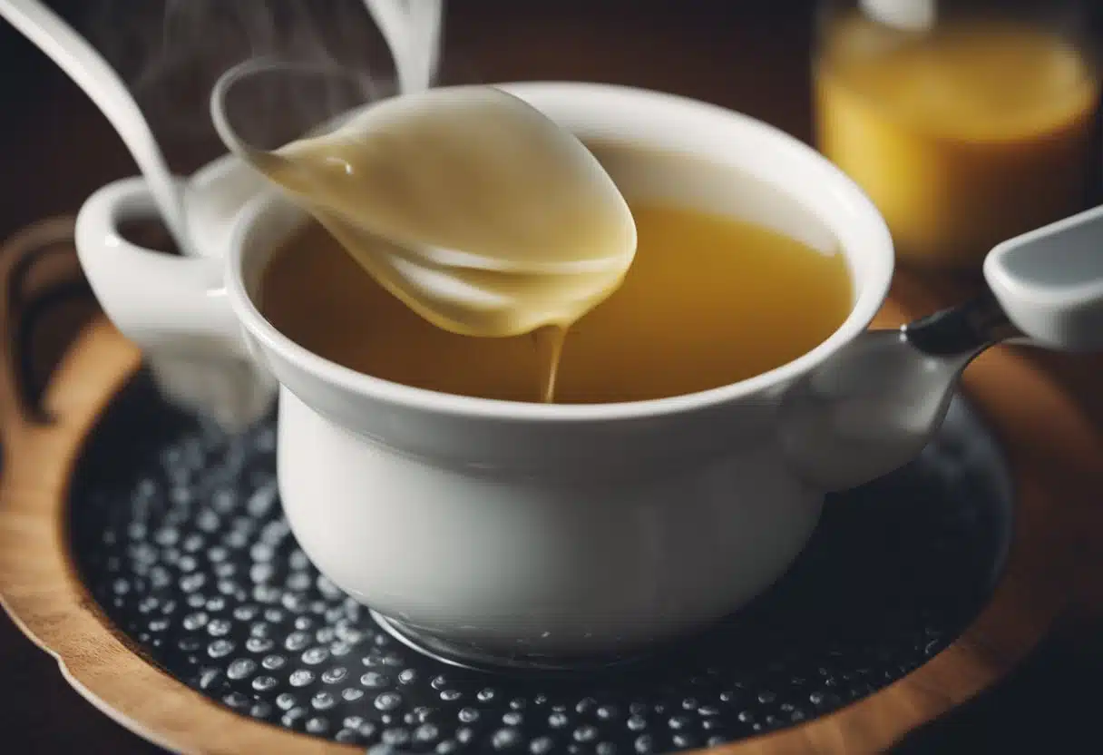 A pot of boiling water with a Lipton soup packet being poured in, followed by stirring and simmering