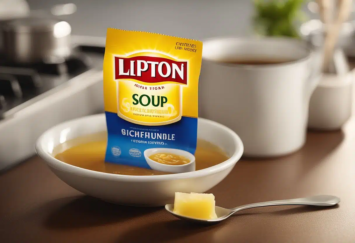 A Lipton soup packet sits on a clean countertop next to a pot of boiling water and a spoon for stirring