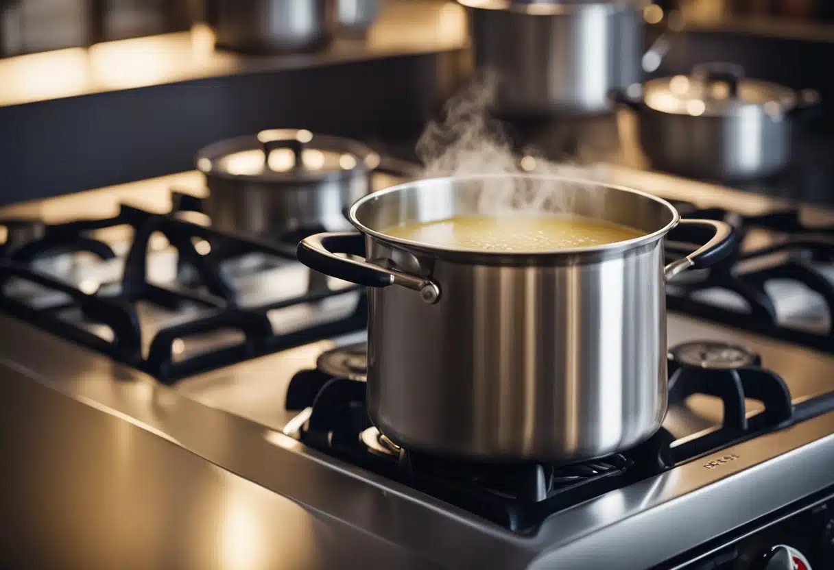 A pot on a stove, steam rising, with a Lipton soup packet being poured into the water. A timer set nearby