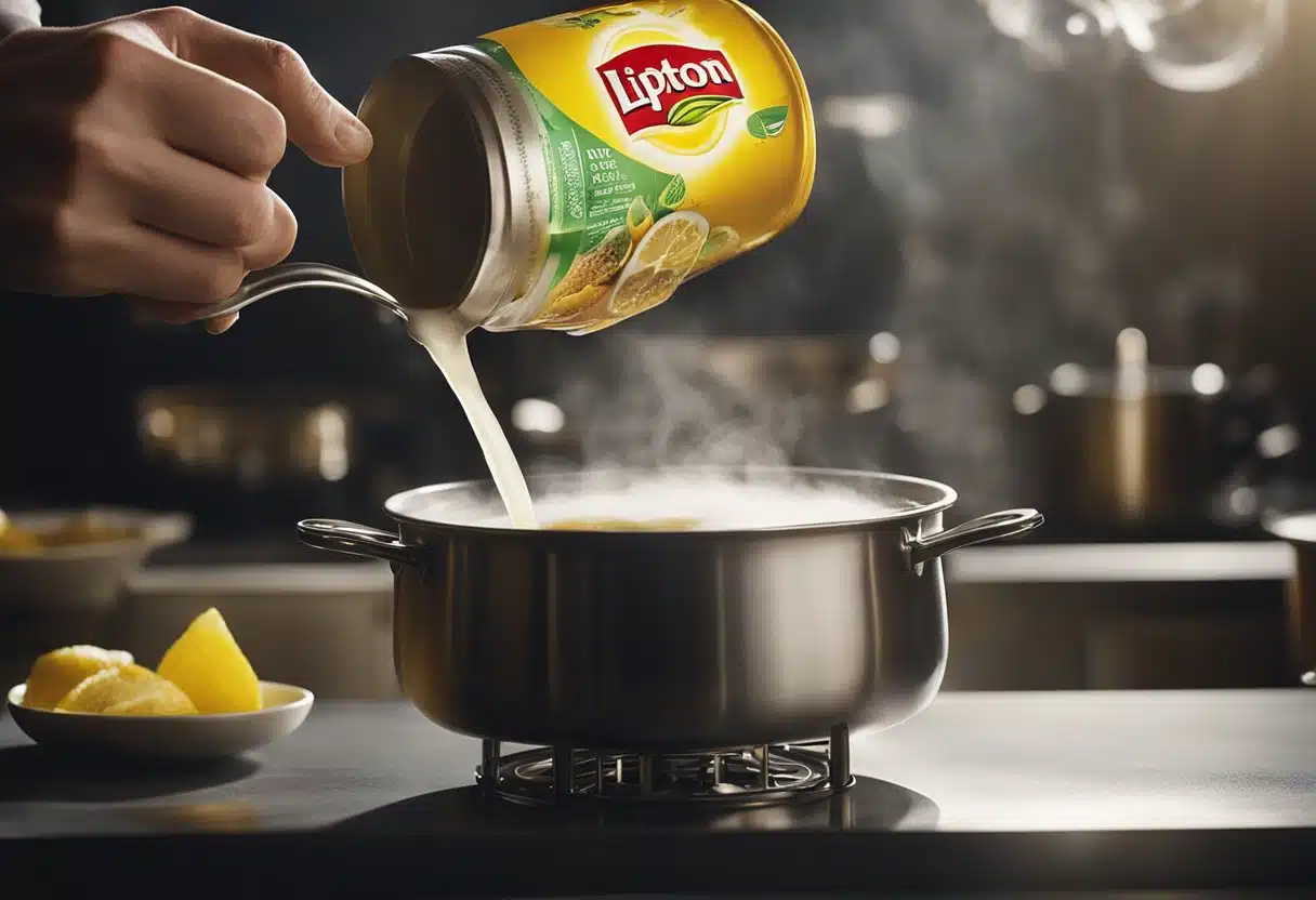 A hand pours Lipton soup mix into a pot of boiling water. Steam rises as the mix dissolves, creating a savory aroma