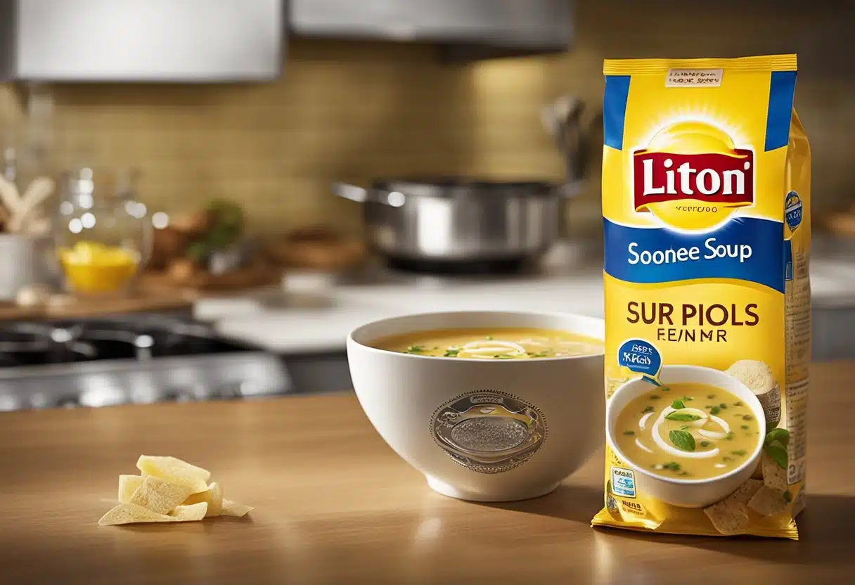 An open Lipton soup packet sits on a kitchen counter, surrounded by various ingredients and utensils. A steaming pot of water bubbles on the stove, ready for the soup mix