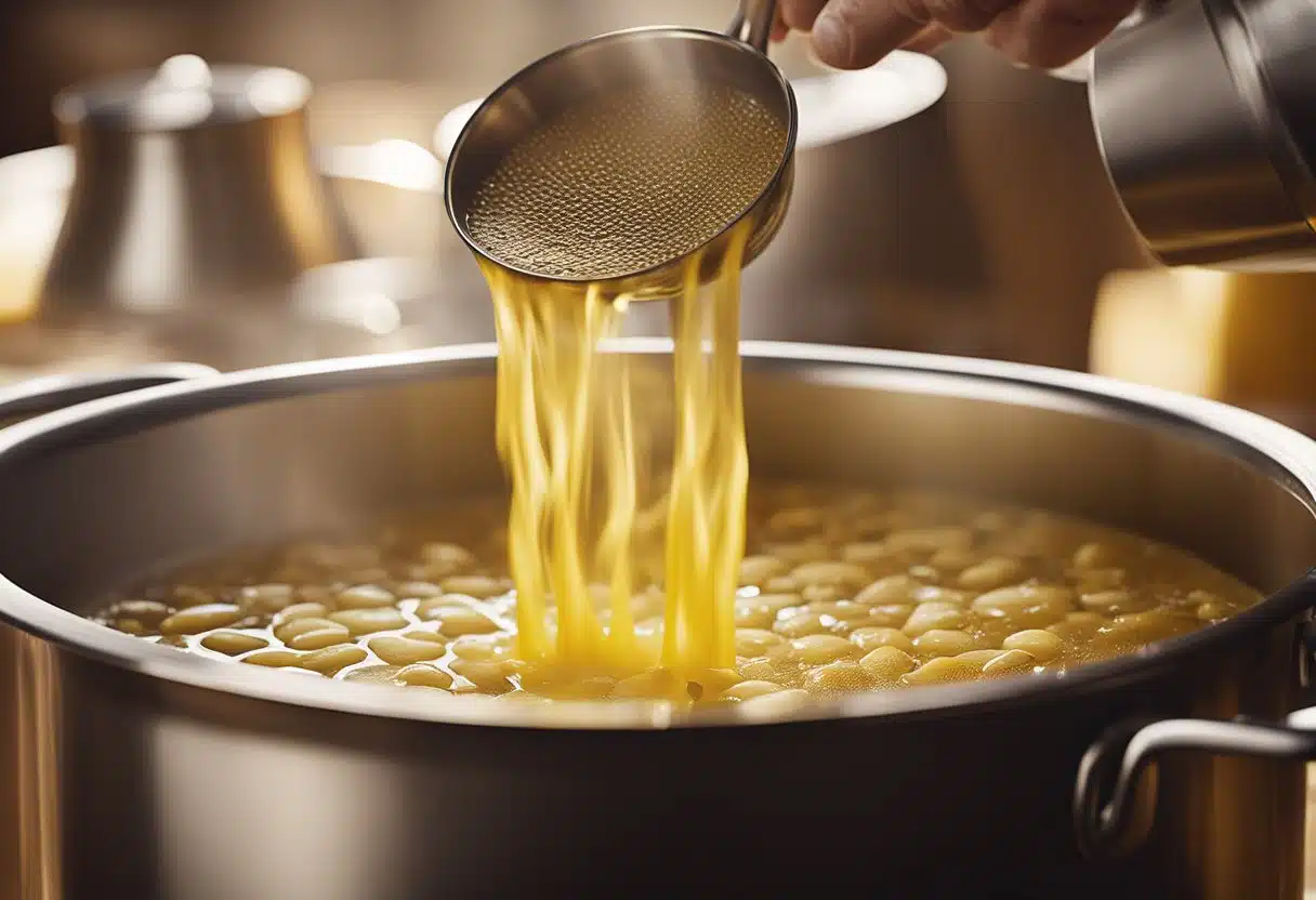 A hand pours Lipton soup mix into a pot of boiling water