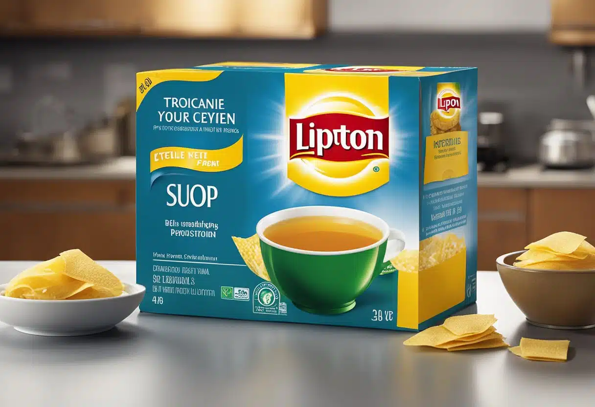 Lipton soup packet sits on counter. Kettle steams nearby. Instructions and ingredients visible