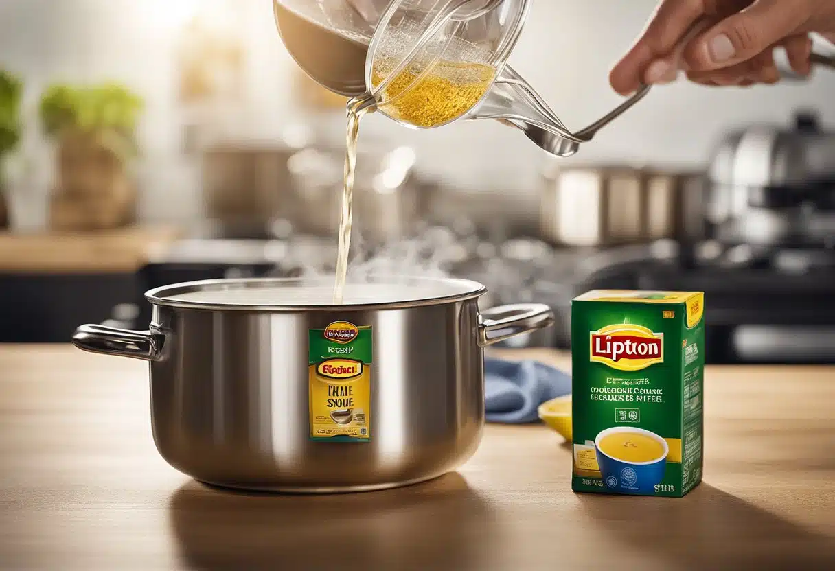 A pot of boiling water with a Lipton soup packet being poured in. Nearby are a spoon, stove, and measuring cup