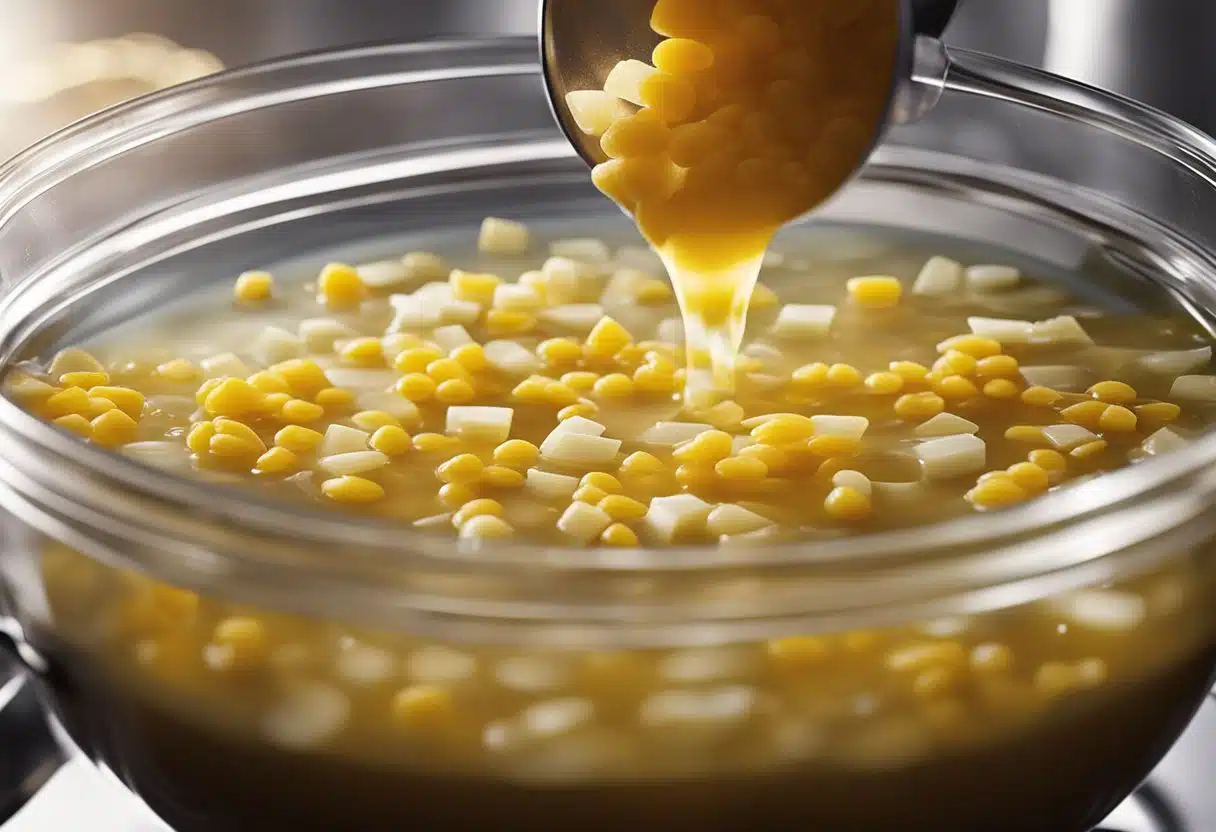 A person pours Lipton soup mix into boiling water, stirs, and lets it simmer before serving in a bowl