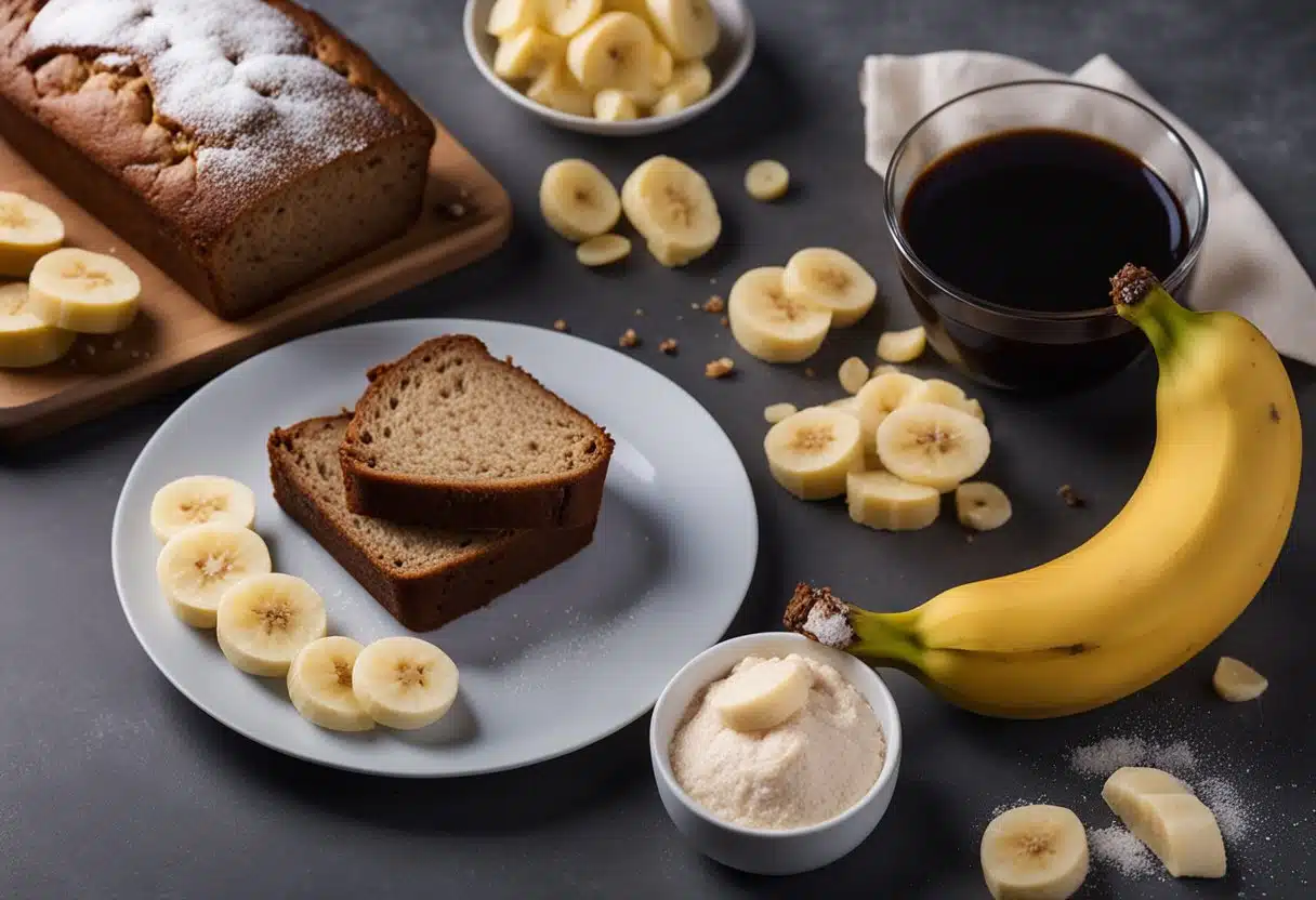 A dry slice of banana bread sits on a plate next to a half-eaten banana. A container of flour and a bowl of overripe bananas are on the counter