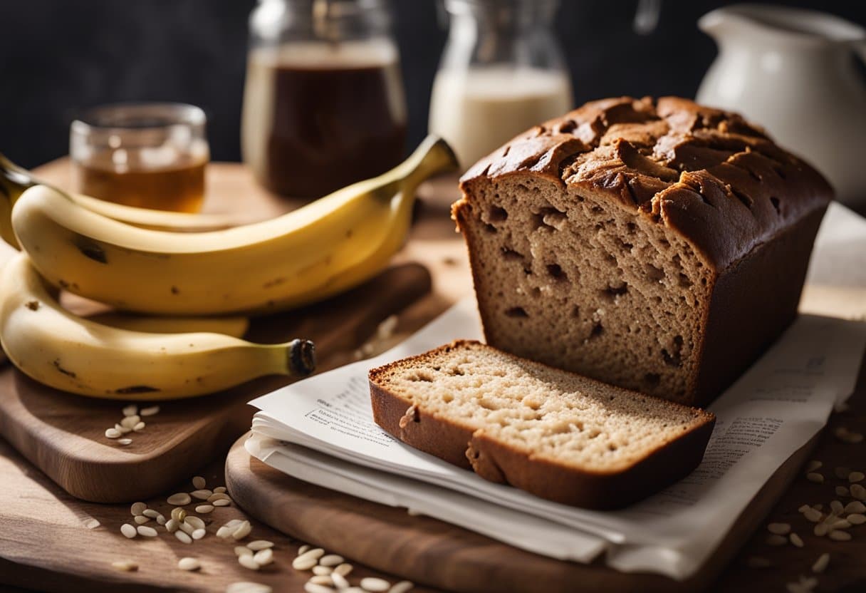 A loaf of dry banana bread sits on a cooling rack, surrounded by scattered ingredients and a recipe book open to the page on banana bread