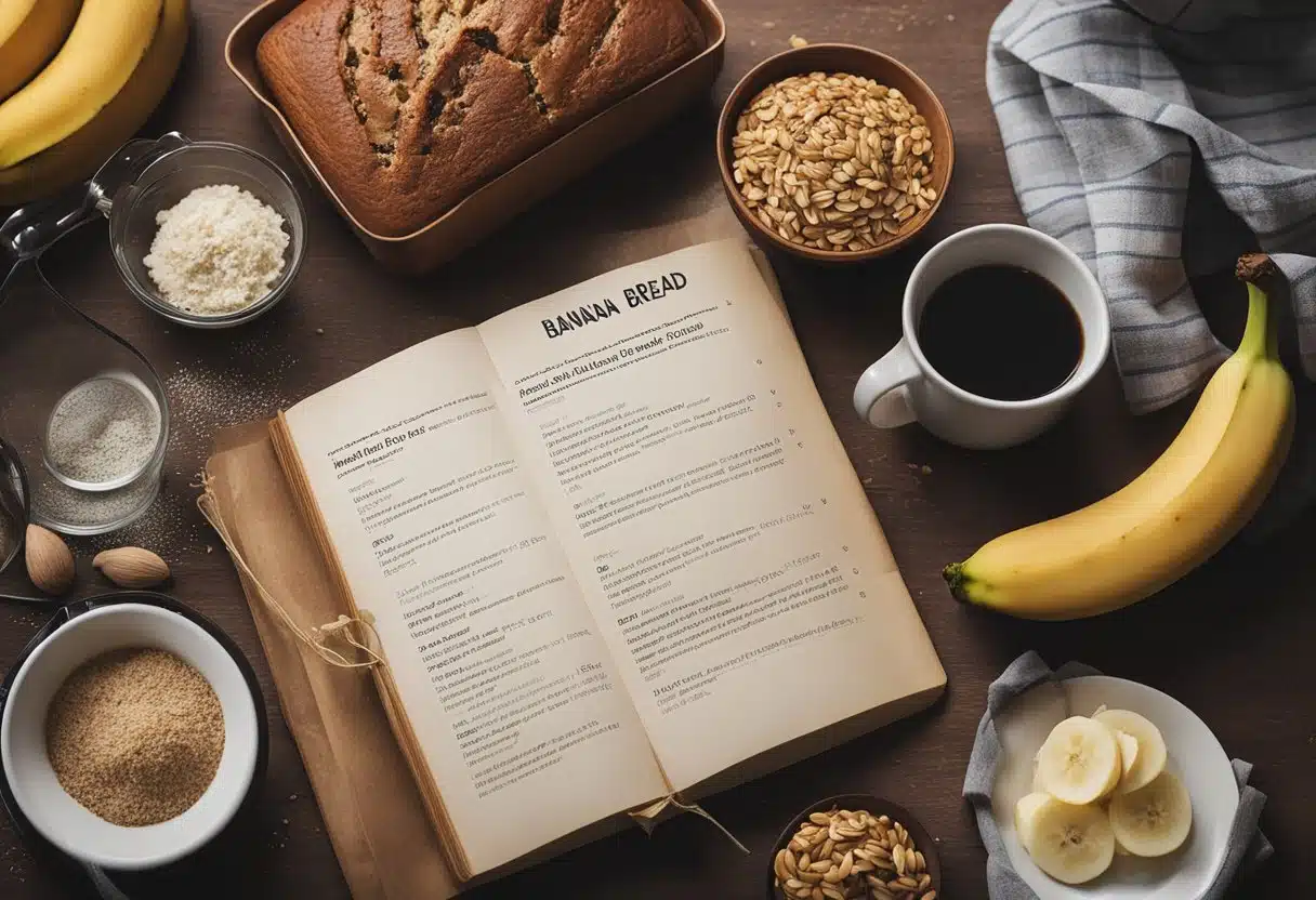 A kitchen counter cluttered with ingredients and a dry loaf of banana bread next to a recipe book