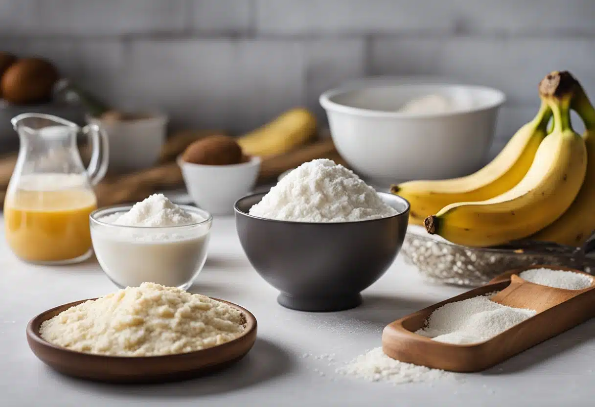 A mixing bowl filled with flour, sugar, and mashed bananas. A whisk, measuring cups, and a recipe card for Fanny Farmer's banana bread sit nearby