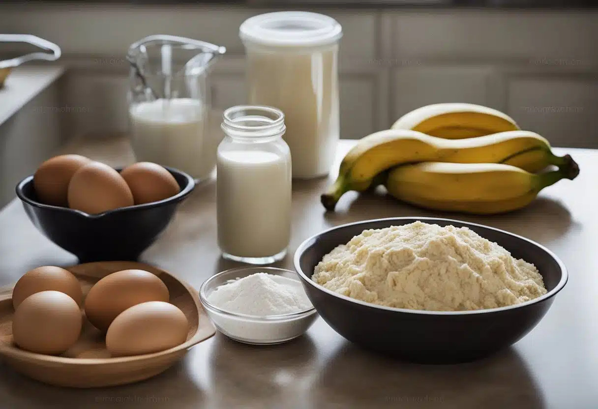 A mixing bowl with ripe bananas, flour, sugar, and eggs on a kitchen counter. A recipe card for "Frequently Asked Questions Fanny Farmer Banana Bread" is propped up next to the bowl