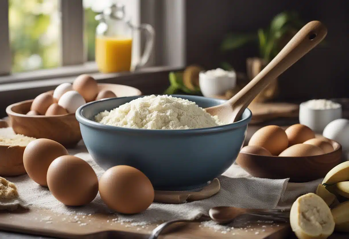 A mixing bowl with ripe bananas, flour, sugar, and eggs. A wooden spoon stirs the ingredients together, creating a thick batter. A loaf pan sits nearby, ready to be filled and baked