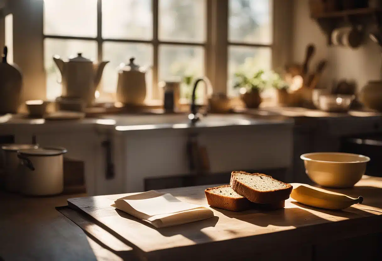 A vintage kitchen with a worn wooden table, a well-used mixing bowl, and a recipe card for Fanny Farmer's banana bread. Sunlight streams through a window, casting a warm glow on the scene