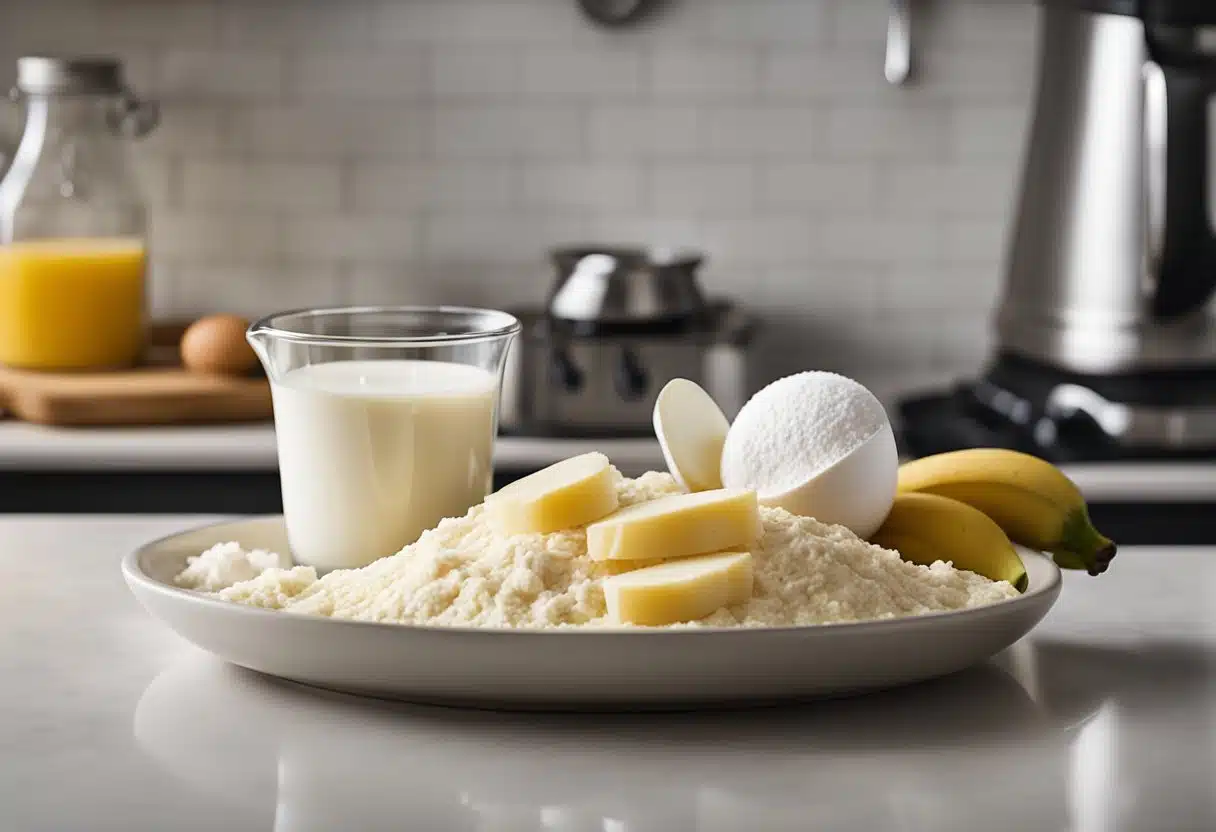 A mixing bowl with mashed bananas, flour, eggs, and a measuring cup of milk on a kitchen counter