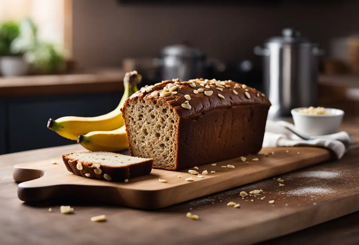 A loaf of banana bread sits on a cutting board, appearing heavy and compact. A few scattered crumbs surround it