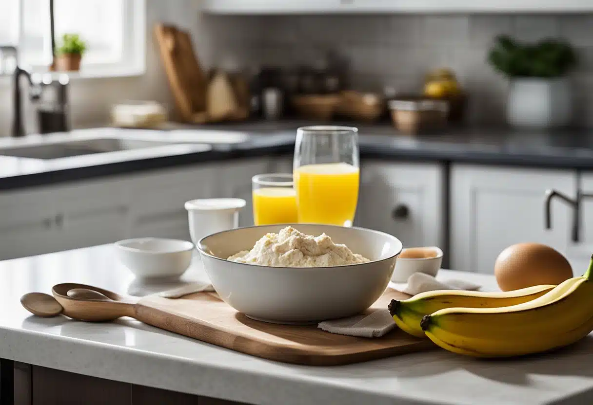 A bowl of overripe bananas, flour, eggs, and a mixing spoon on a kitchen counter. A recipe book is open to a page titled "Banana Bread."