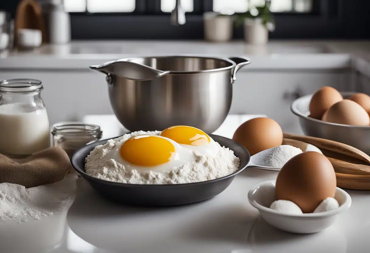 A mixing bowl with flour, sugar, and eggs. A whisk and measuring cups on the counter. A loaf pan lined with parchment paper