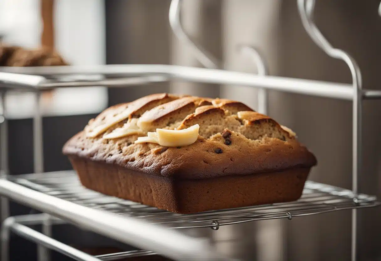 Banana bread cooling on wire rack, steam rising. Loaf wrapped in parchment paper, stored in airtight container