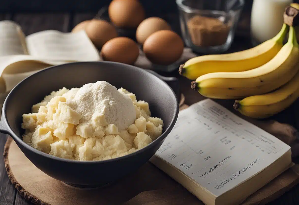 A mixing bowl with ripe bananas, flour, eggs, and a measuring cup. A recipe book open to a page on banana bread with handwritten notes and adjustments