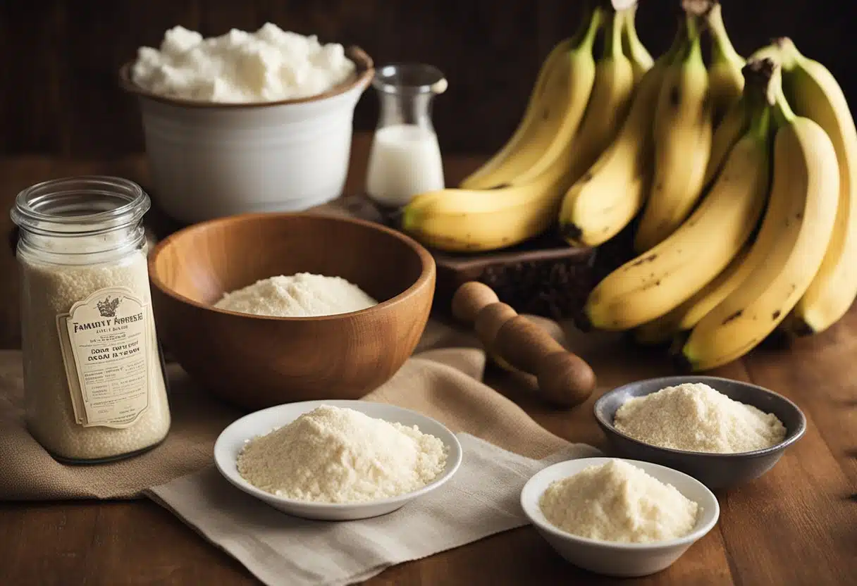 A wooden mixing bowl filled with ripe bananas, flour, sugar, and eggs. A vintage recipe card sits beside it, labeled "Fanny Farmer Banana Bread."