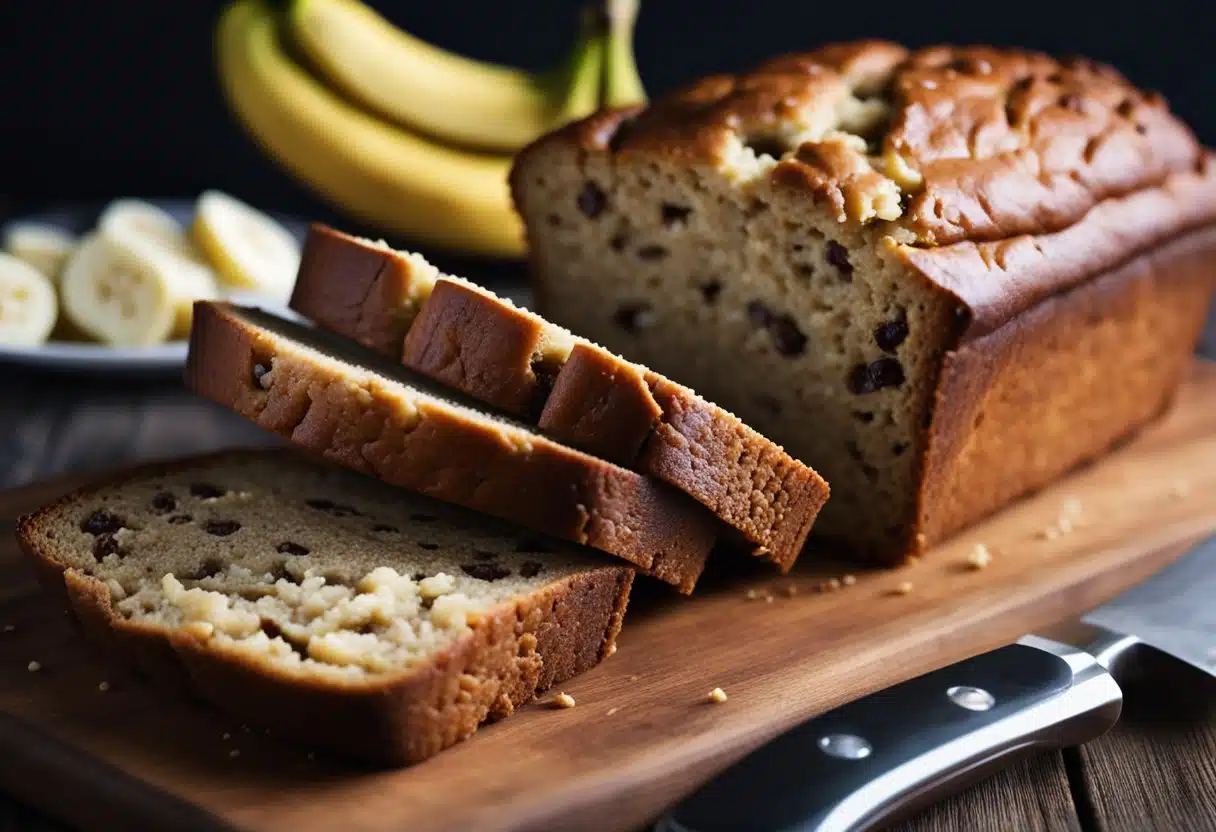 A loaf of banana bread sits on a cutting board, appearing dense and heavy. A few slices have been cut, revealing a moist interior with visible banana chunks