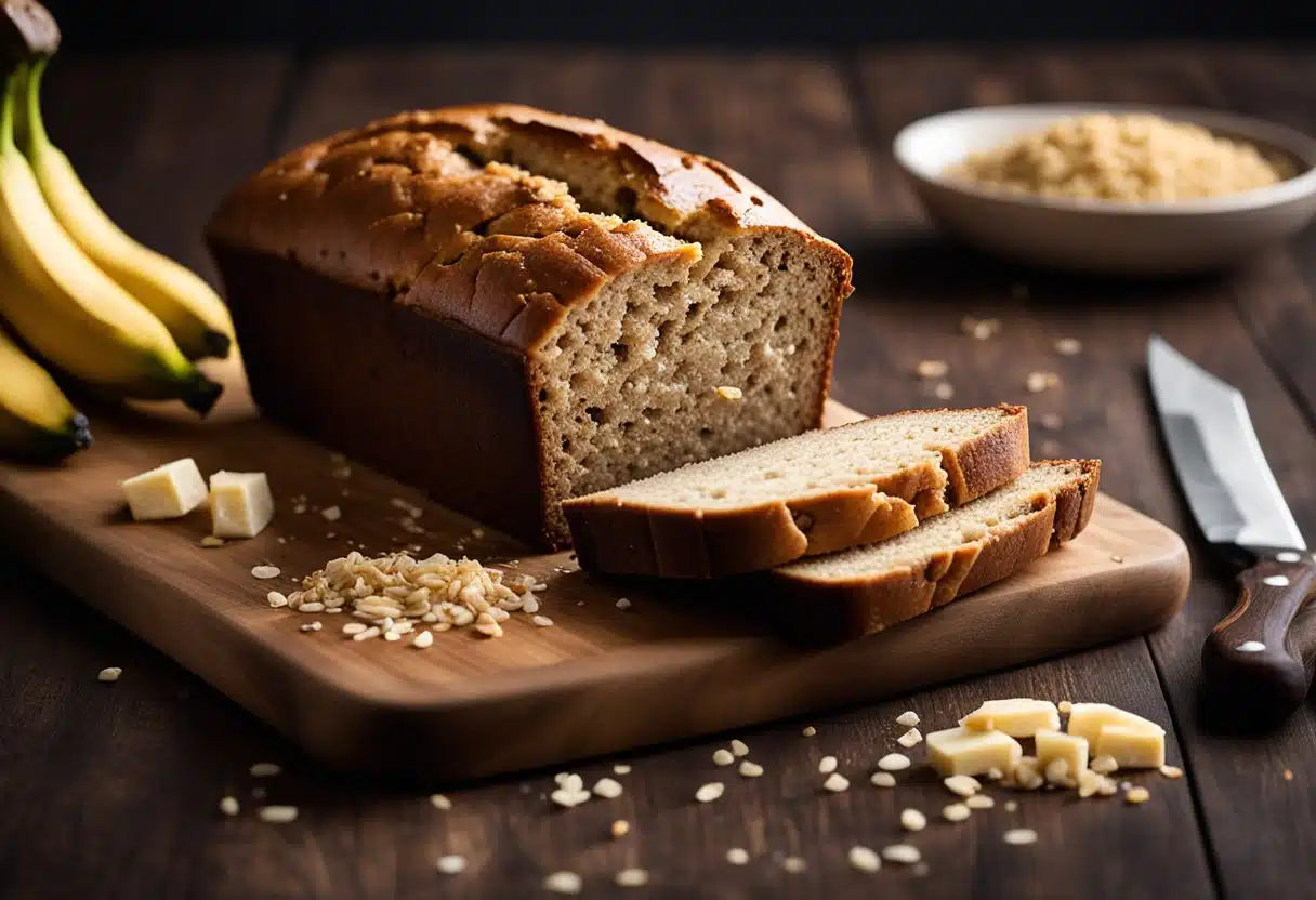 A loaf of banana bread sits on a wooden cutting board, appearing dense and heavy. A scattering of crumbs surrounds the loaf, with a knife nearby