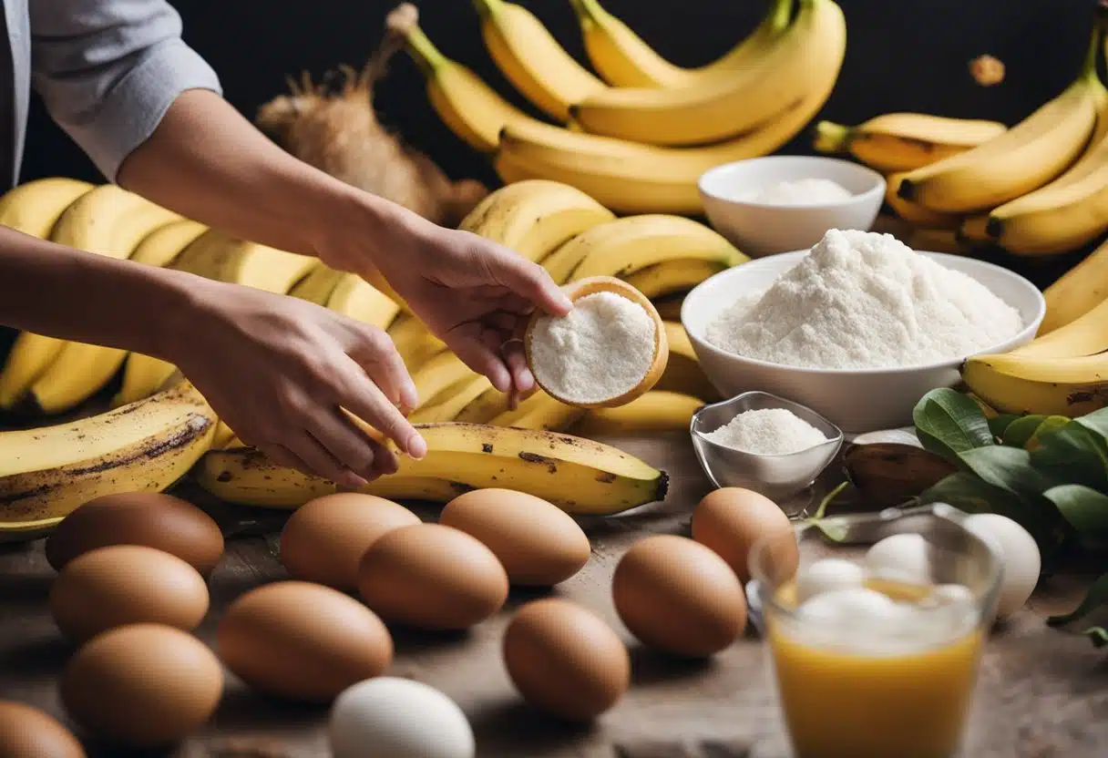 A hand selecting a ripe banana from a bunch, alongside a display of various quality ingredients like flour, eggs, and sugar