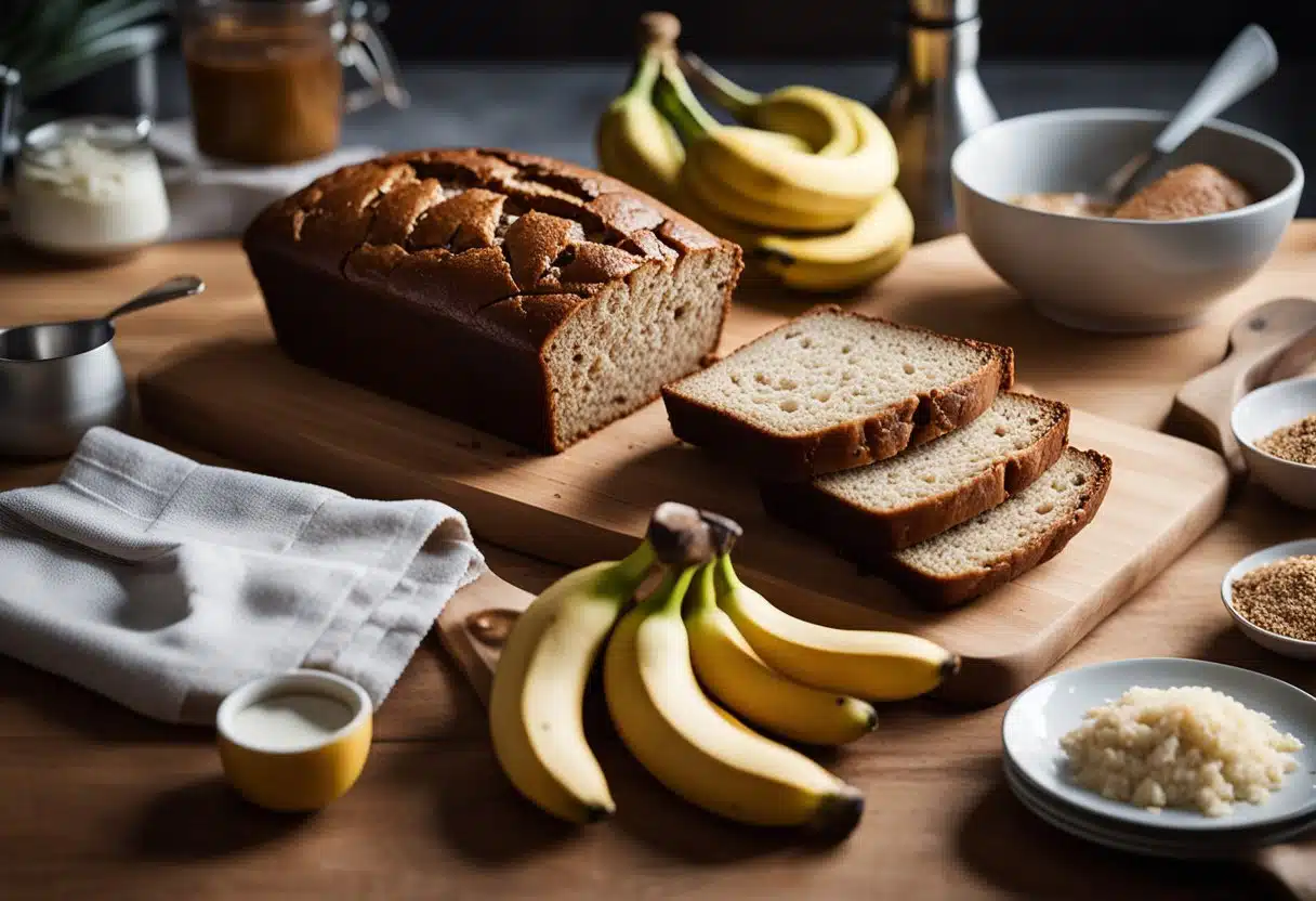 A dense loaf of banana bread sits on a cutting board, surrounded by ingredients and kitchen utensils. A recipe book is open to a page titled "Troubleshooting Common Mistakes."