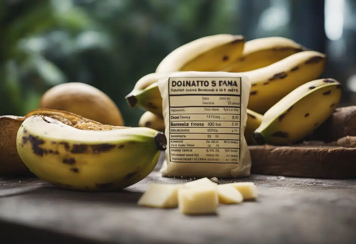 A pile of overripe bananas sits next to a moldy loaf of bread, with a label reading "Do not use bananas for bread."