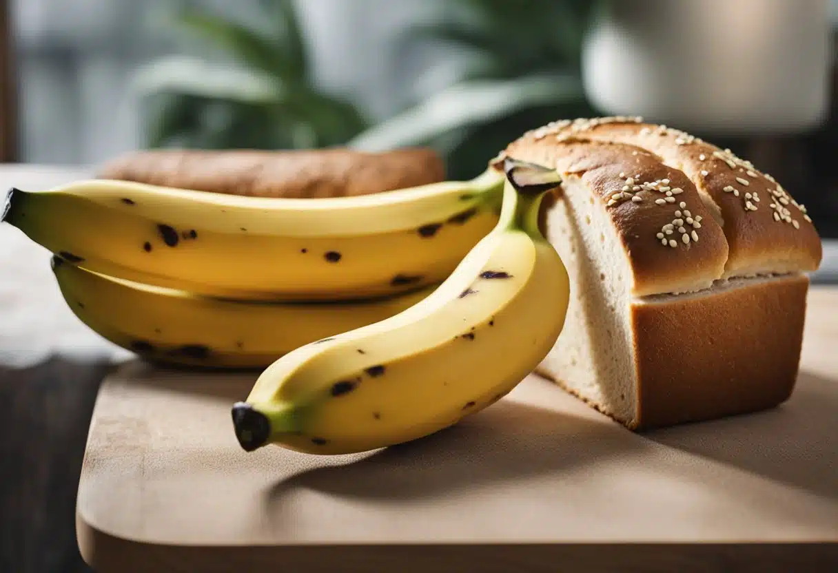 A banana with brown spots sits next to a loaf of bread. A thought bubble with a crossed-out banana appears above the bread