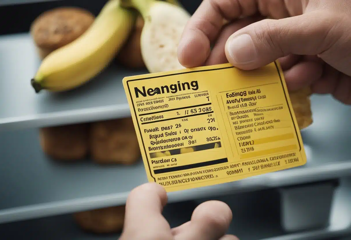 A person with a banana allergy reading a bread label with a red "X" over a banana icon