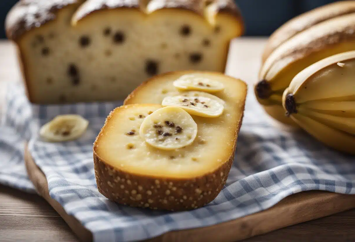 A ripe banana with speckled skin sits next to a loaf of bread. The banana is soft and smooth, while the bread is firm and crumbly