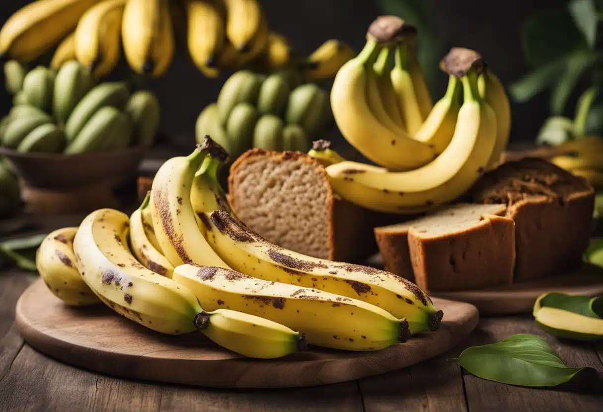 A variety of bananas at different stages of ripeness, from green to yellow to brown spots, with a crossed-out image of banana bread