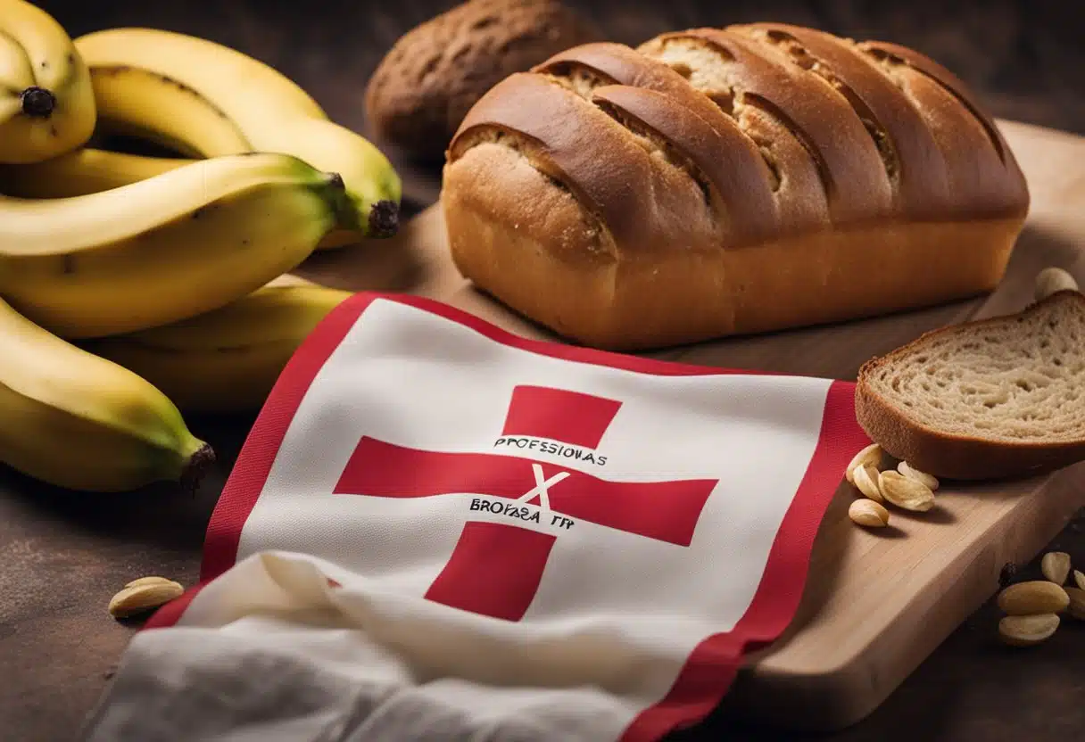 A pile of overripe bananas sits next to a loaf of bread with a red "X" over it, indicating not to use bananas for bread