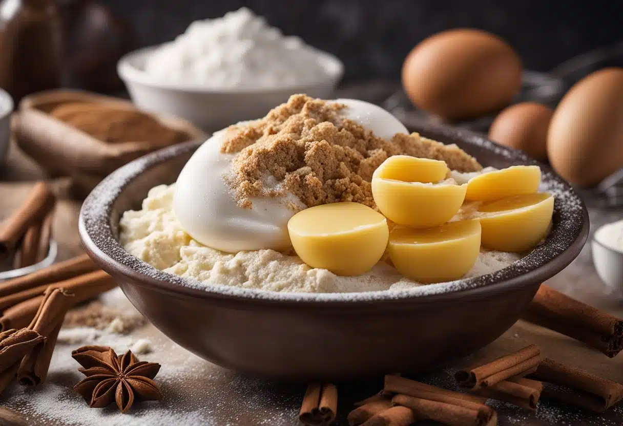 Ripe bananas, flour, sugar, and eggs are being mixed in a large bowl. A cloud of cinnamon and nutmeg fills the air as the batter is poured into a greased loaf pan