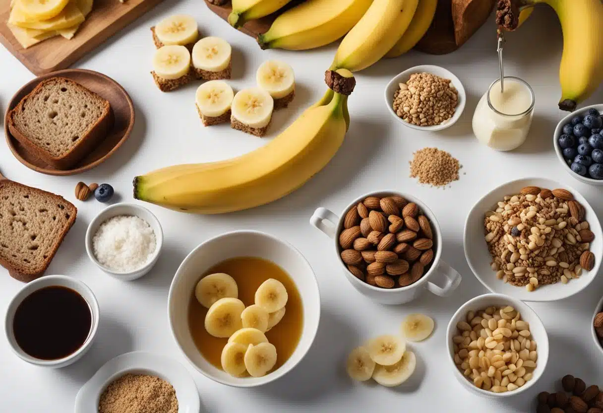 A variety of alternative ingredients surround a banana, suggesting options for banana bread