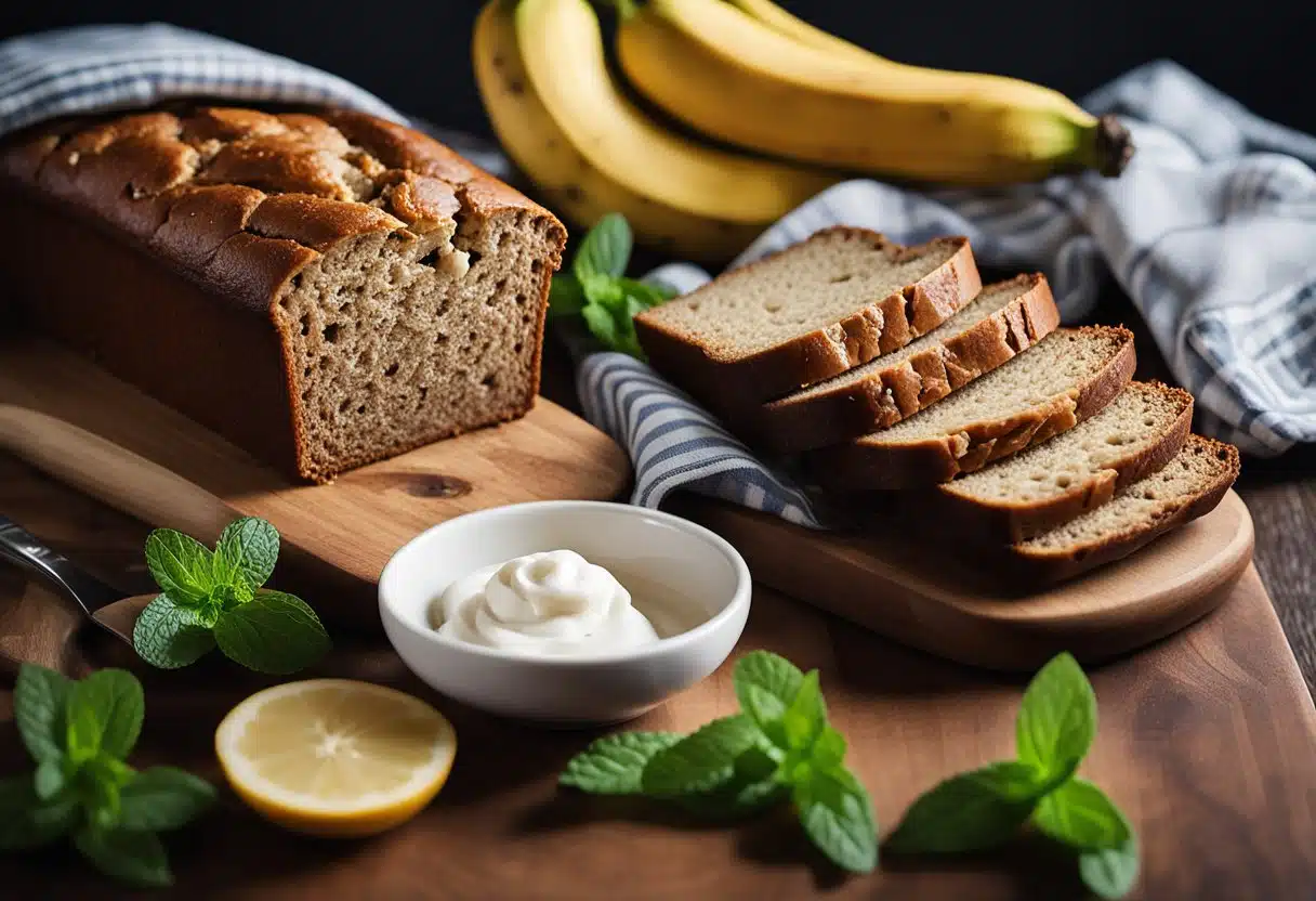 A table set with a loaf of banana bread on a wooden cutting board, surrounded by sliced bananas, a dollop of whipped cream, and a sprig of mint