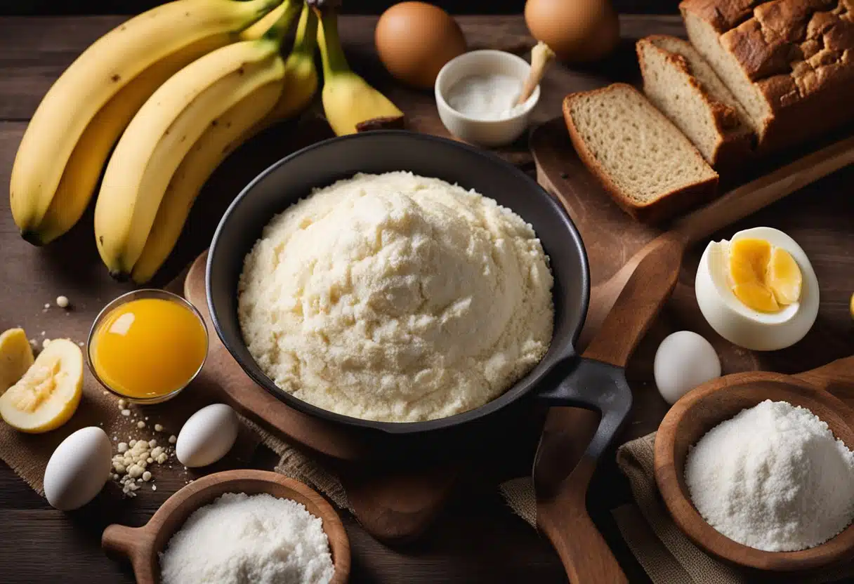 A table displays ingredients for Fanny Farmer banana bread. A measuring cup pours flour into a mixing bowl. Bananas and eggs sit nearby