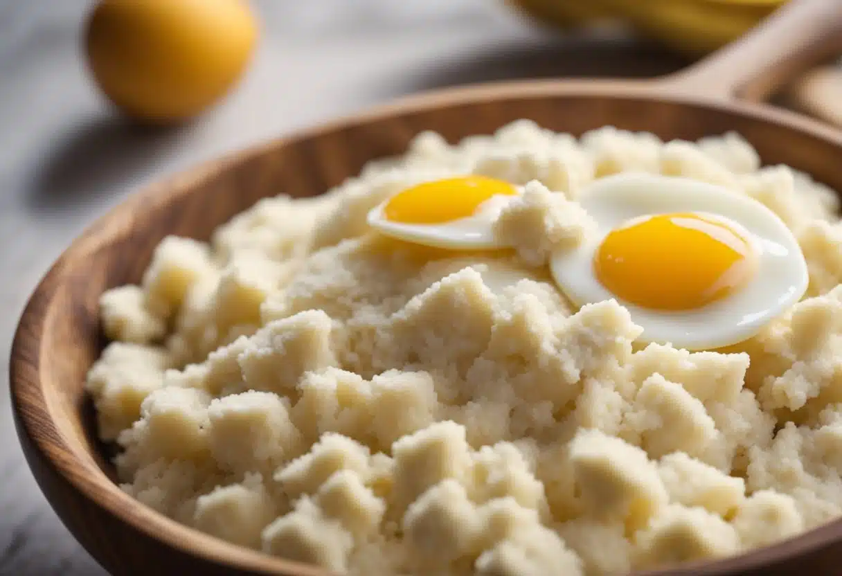 A mixing bowl filled with mashed bananas, flour, sugar, and eggs. A wooden spoon stirs the ingredients together, creating a thick batter. The aroma of ripe bananas fills the air