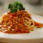 A bowl of spaghetti with rich sauce and flavorful add-ins, ready to enhance your meal