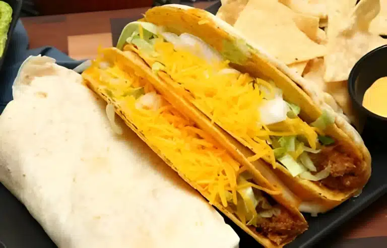 A delicious and cheesy gordita crunch served with a side of salsa and fresh greens